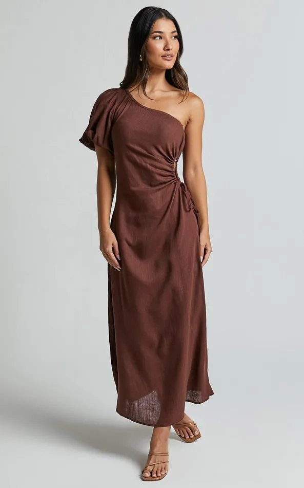 Showpo Victoria Midi Dress 8211 Linen Look One Shoulder Puff Sleeve Cut Out Dress In Chocolate Women Dresses