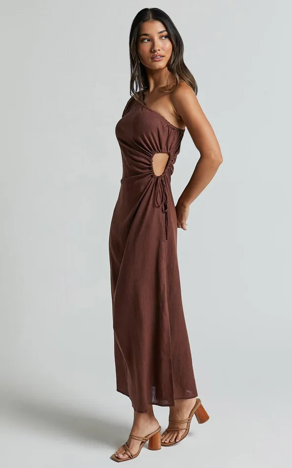 Showpo Victoria Midi Dress 8211 Linen Look One Shoulder Puff Sleeve Cut Out Dress In Chocolate Women Dresses