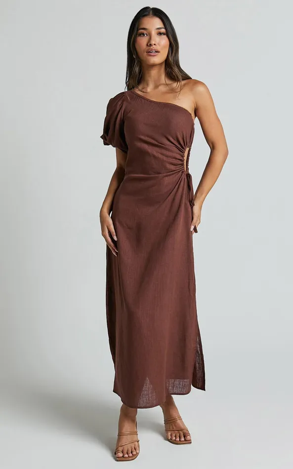 Showpo Victoria Midi Dress 8211 Linen Look One Shoulder Puff Sleeve Cut Out Dress In Chocolate Women Dresses