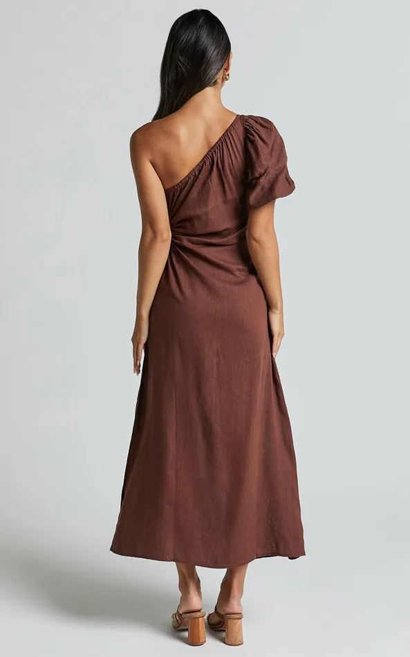 Showpo Victoria Midi Dress 8211 Linen Look One Shoulder Puff Sleeve Cut Out Dress In Chocolate Women Dresses