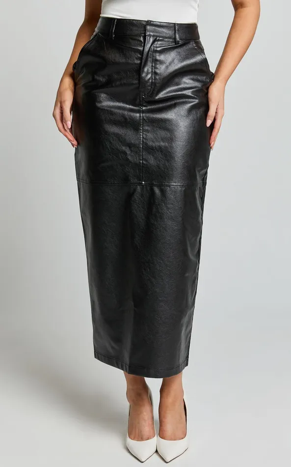 Showpo Victoria Midi Skirt 8211 Mid Waisted Back Split Faux Leather Skirt In Black Women Modest Clothing