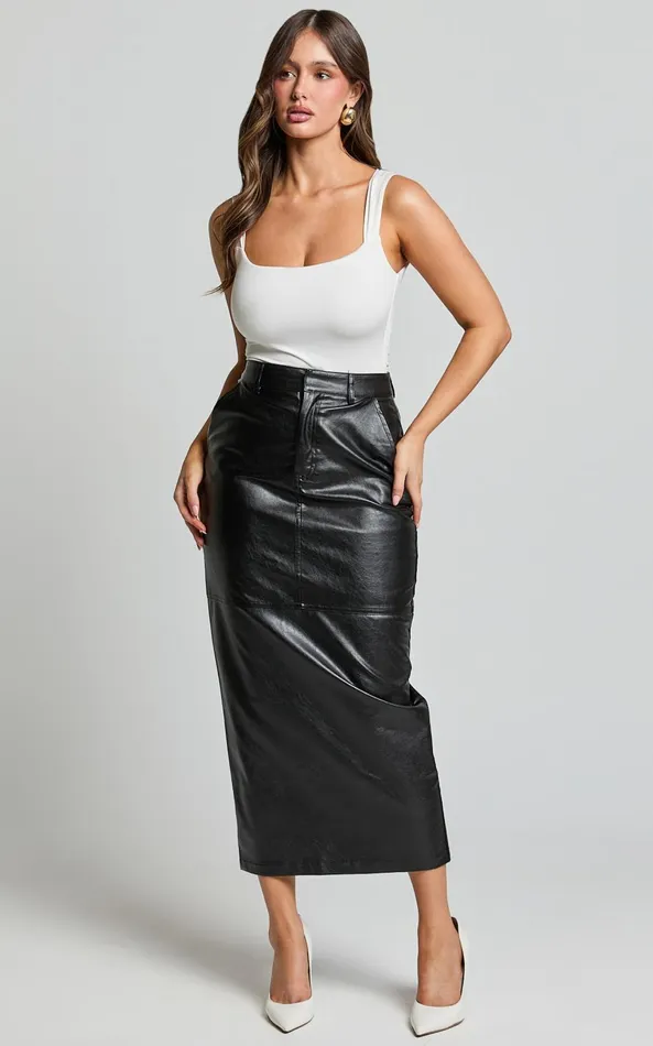 Showpo Victoria Midi Skirt 8211 Mid Waisted Back Split Faux Leather Skirt In Black Women Modest Clothing