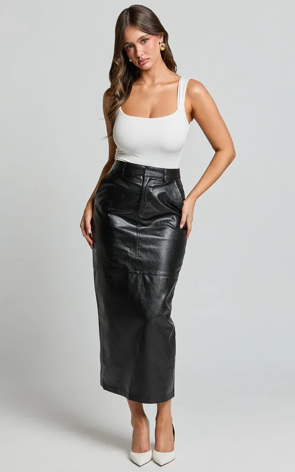 Showpo Victoria Midi Skirt 8211 Mid Waisted Back Split Faux Leather Skirt In Black Women Modest Clothing