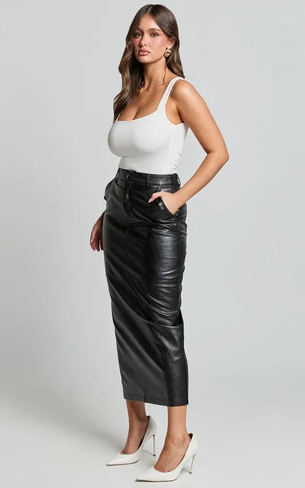 Showpo Victoria Midi Skirt 8211 Mid Waisted Back Split Faux Leather Skirt In Black Women Modest Clothing