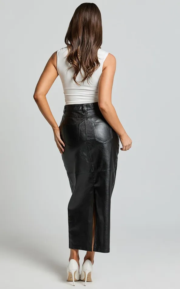 Showpo Victoria Midi Skirt 8211 Mid Waisted Back Split Faux Leather Skirt In Black Women Modest Clothing