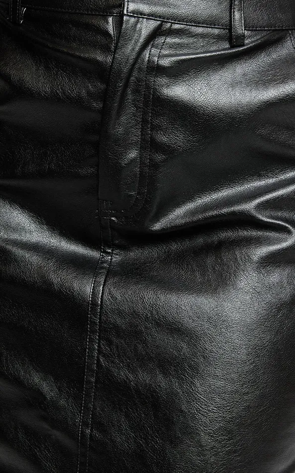 Showpo Victoria Midi Skirt 8211 Mid Waisted Back Split Faux Leather Skirt In Black Women Modest Clothing