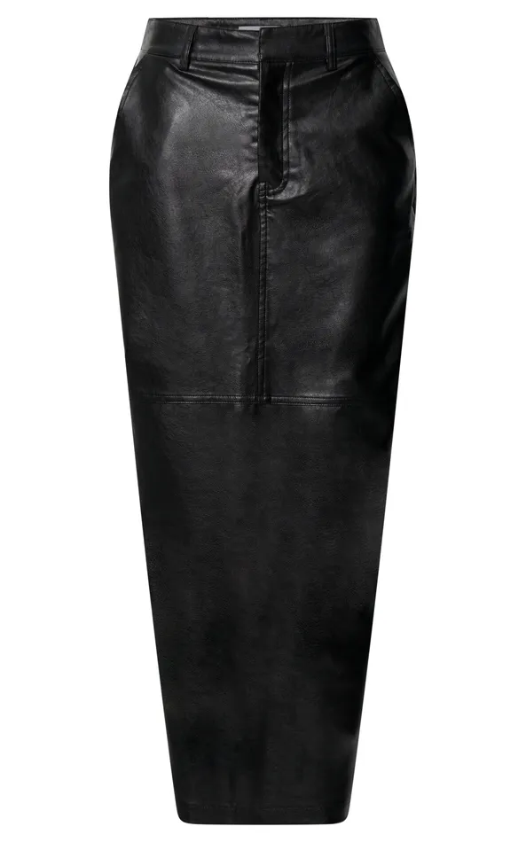 Showpo Victoria Midi Skirt 8211 Mid Waisted Back Split Faux Leather Skirt In Black Women Modest Clothing