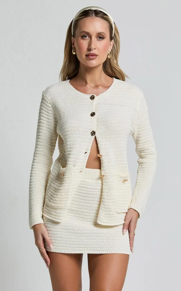 Showpo Vinny Two Piece Set 8211 Scoop Neck Cardigan And Mini Skirt Knit Set In White Women Dresses