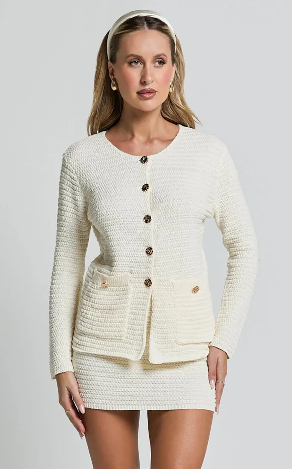 Showpo Vinny Two Piece Set 8211 Scoop Neck Cardigan And Mini Skirt Knit Set In White Women Dresses