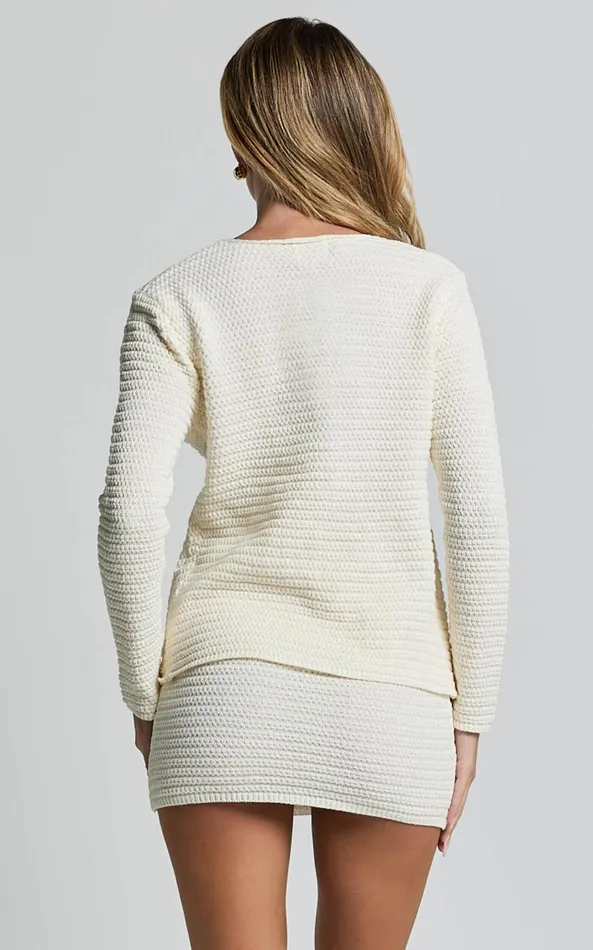 Showpo Vinny Two Piece Set 8211 Scoop Neck Cardigan And Mini Skirt Knit Set In White Women Dresses