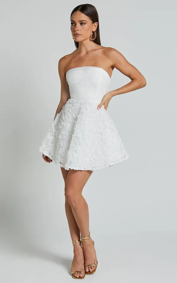 Showpo Violeta Mini Dress 8211 Strapless 3d Floral Dress In White Women Dresses