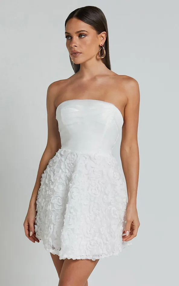 Showpo Violeta Mini Dress 8211 Strapless 3d Floral Dress In White Women Dresses