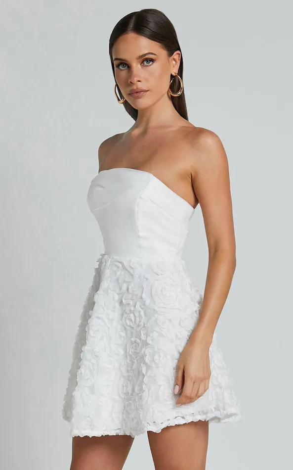 Showpo Violeta Mini Dress 8211 Strapless 3d Floral Dress In White Women Dresses