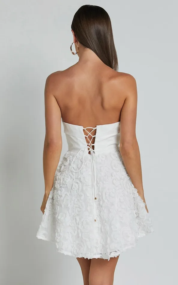 Showpo Violeta Mini Dress 8211 Strapless 3d Floral Dress In White Women Dresses