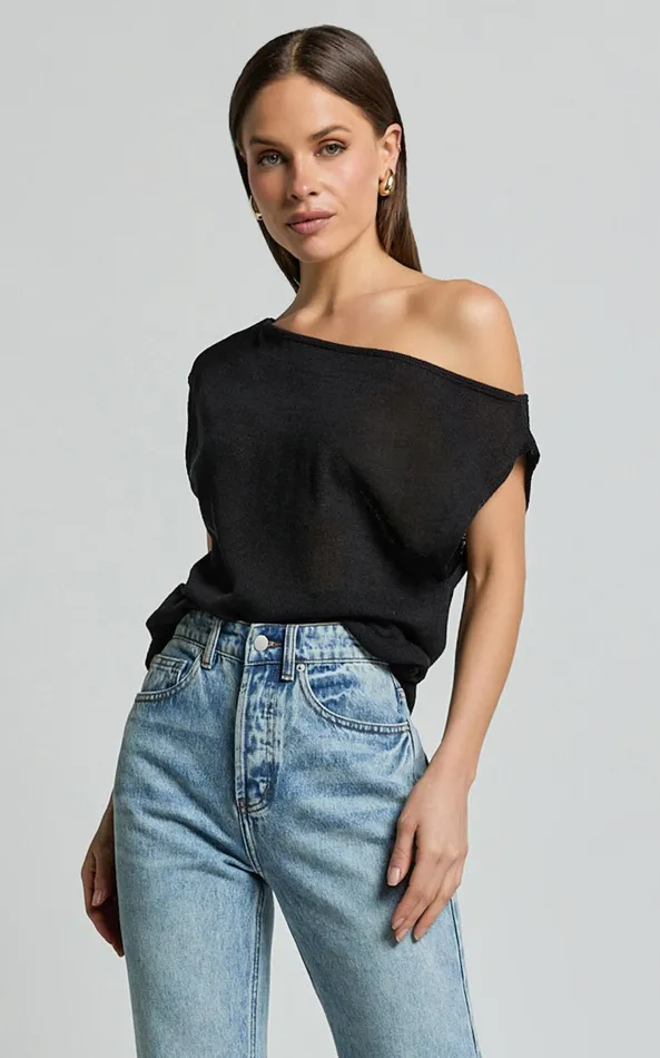 Showpo Violeta Top 8211 Off The Shoulder Relaxed Fit Knit Top In Black Women Knitwear