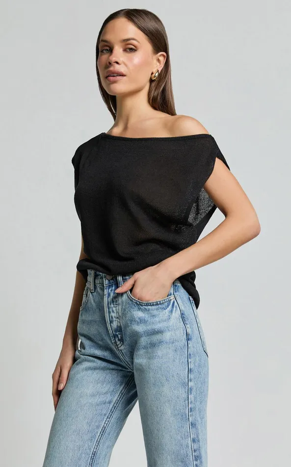 Showpo Violeta Top 8211 Off The Shoulder Relaxed Fit Knit Top In Black Women Knitwear