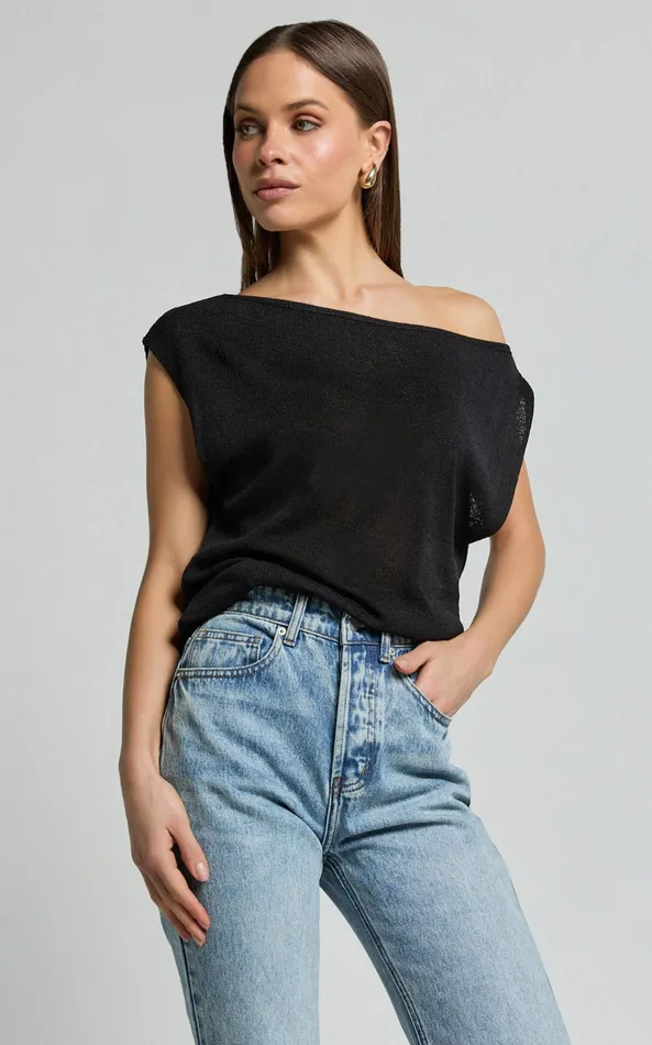 Showpo Violeta Top 8211 Off The Shoulder Relaxed Fit Knit Top In Black Women Knitwear
