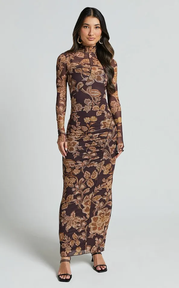 Showpo Vivian Midi Dress 8211 High Neck Long Sleeve Mesh Dress In Amber Bloom Print Women Dresses