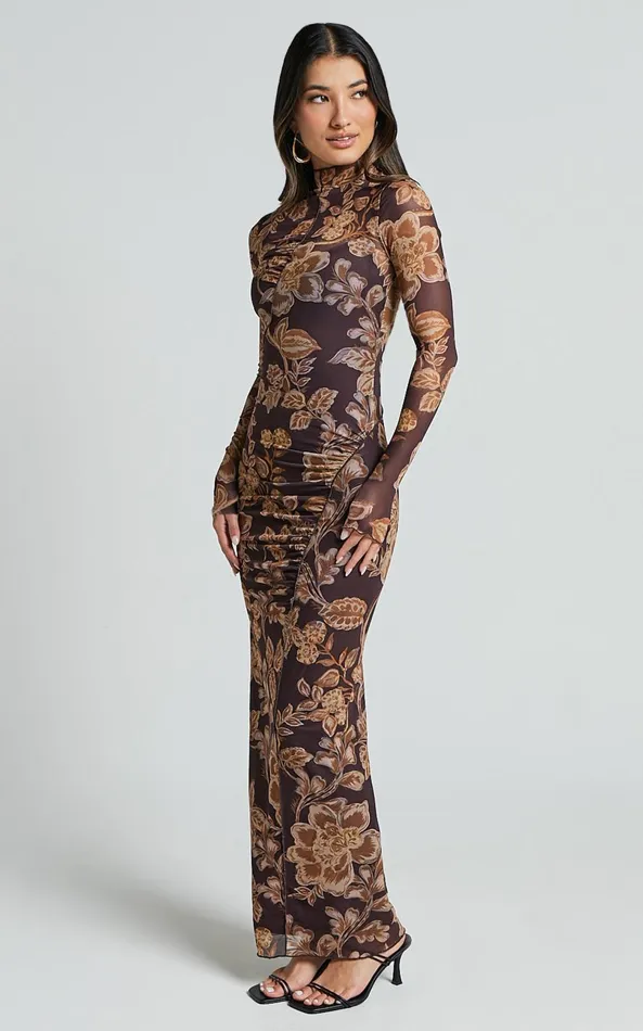 Showpo Vivian Midi Dress 8211 High Neck Long Sleeve Mesh Dress In Amber Bloom Print Women Dresses