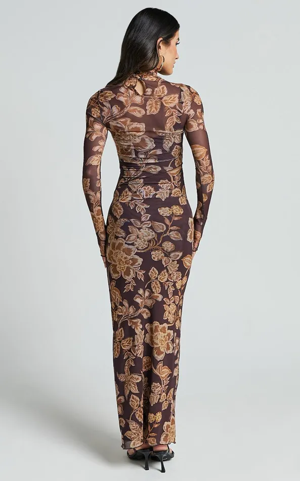 Showpo Vivian Midi Dress 8211 High Neck Long Sleeve Mesh Dress In Amber Bloom Print Women Dresses