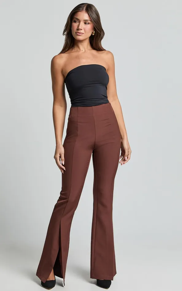 Showpo Volta Pants 8211 Front High Waisted Split Boot Leg Kick Out Pants In Chocolate Women Curve Clothes Showpo Volta Pants 8211 Front High Waisted Split Boot Leg Kick Out Pants In Chocolate Women Curve Clothes