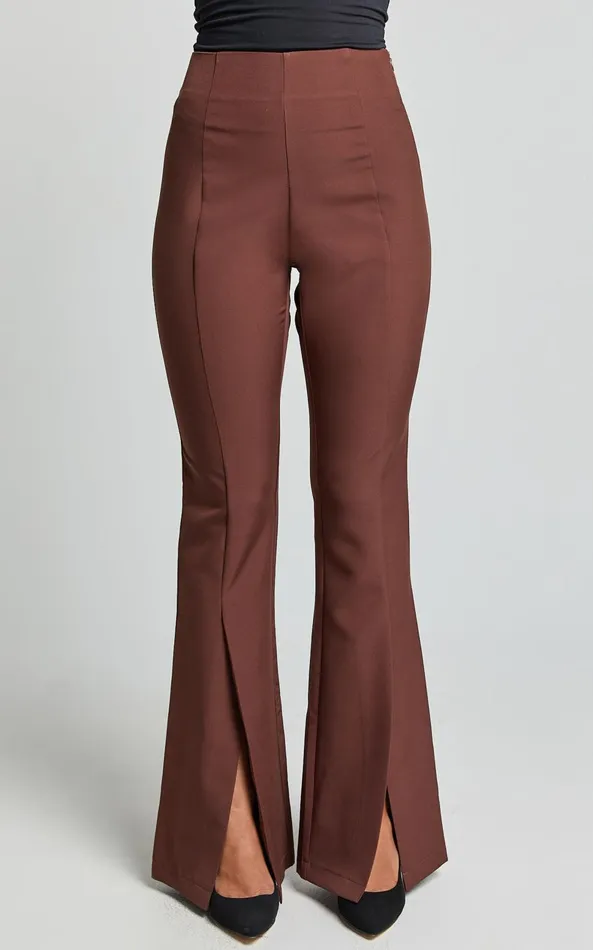 Showpo Volta Pants 8211 Front High Waisted Split Boot Leg Kick Out Pants In Chocolate Women Curve Clothes