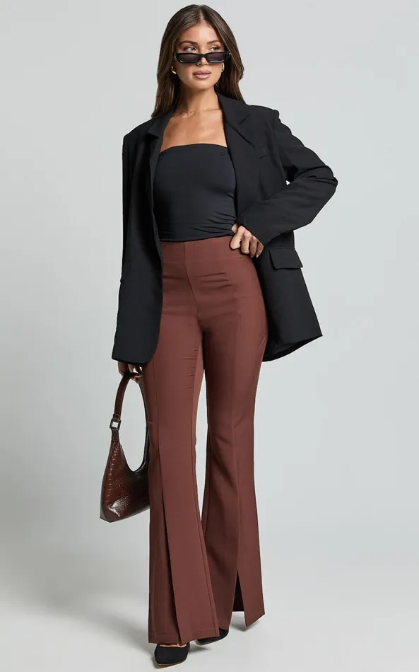 Showpo Volta Pants 8211 Front High Waisted Split Boot Leg Kick Out Pants In Chocolate Women Curve Clothes