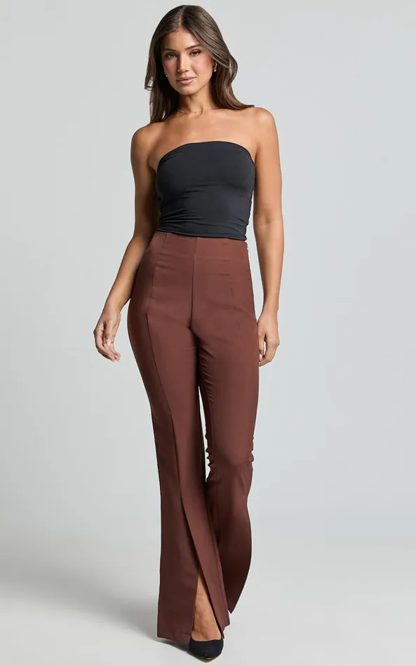 Showpo Volta Pants 8211 Front High Waisted Split Boot Leg Kick Out Pants In Chocolate Women Curve Clothes