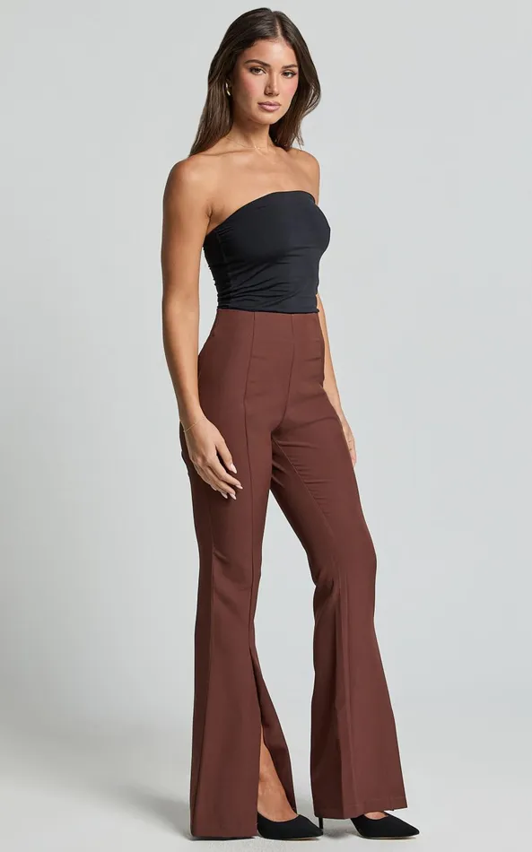 Showpo Volta Pants 8211 Front High Waisted Split Boot Leg Kick Out Pants In Chocolate Women Curve Clothes