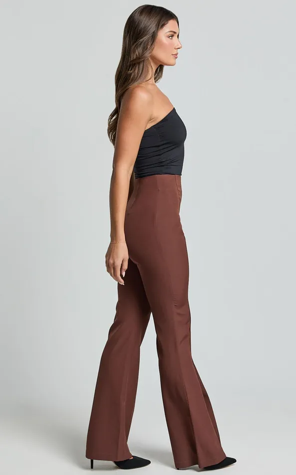 Showpo Volta Pants 8211 Front High Waisted Split Boot Leg Kick Out Pants In Chocolate Women Curve Clothes
