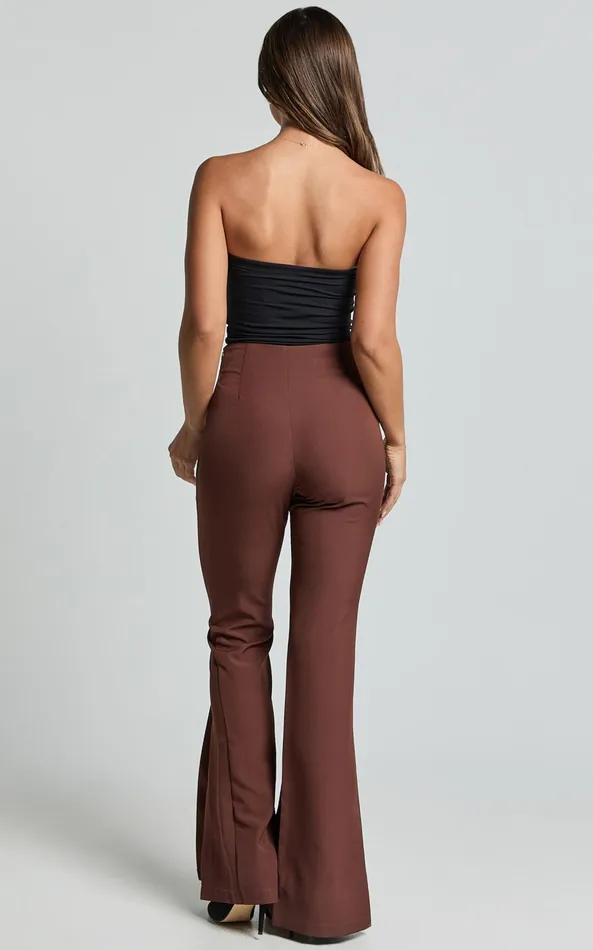Showpo Volta Pants 8211 Front High Waisted Split Boot Leg Kick Out Pants In Chocolate Women Curve Clothes