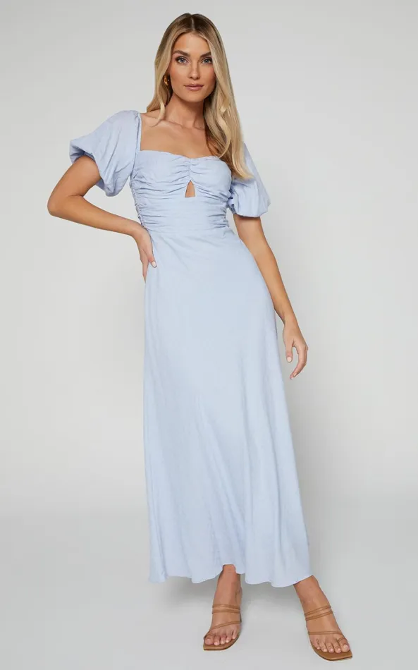 Showpo Vynna Midi Dress 8211 Scoop Neck Puff Sleeve Ruched Bust A Line Dress In Blue Women Dresses Showpo Vynna Midi Dress 8211 Scoop Neck Puff Sleeve Ruched Bust A Line Dress In Blue Women Dresses
