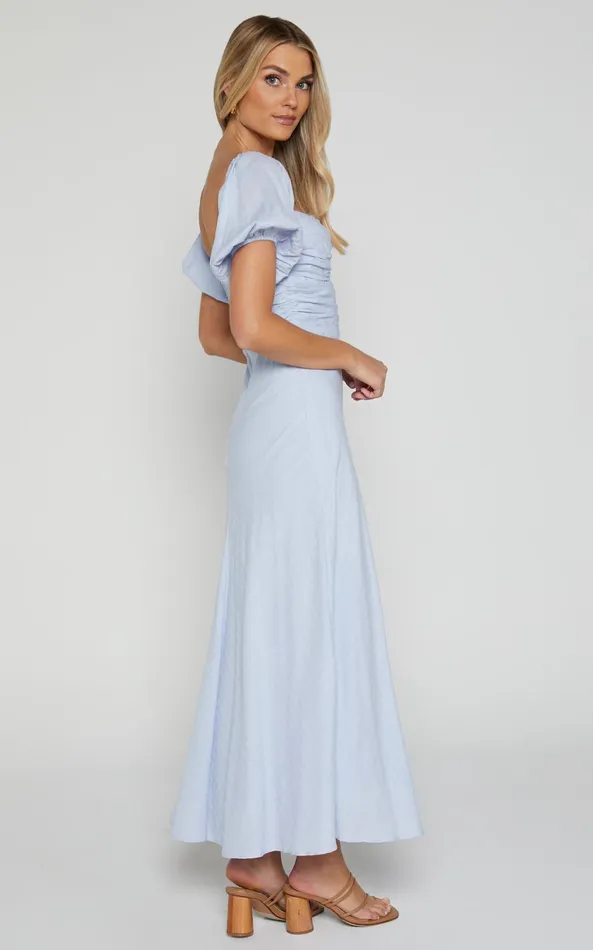 Showpo Vynna Midi Dress 8211 Scoop Neck Puff Sleeve Ruched Bust A Line Dress In Blue Women Dresses
