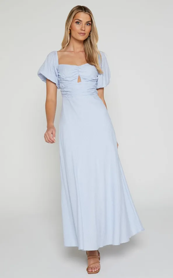 Showpo Vynna Midi Dress 8211 Scoop Neck Puff Sleeve Ruched Bust A Line Dress In Blue Women Dresses