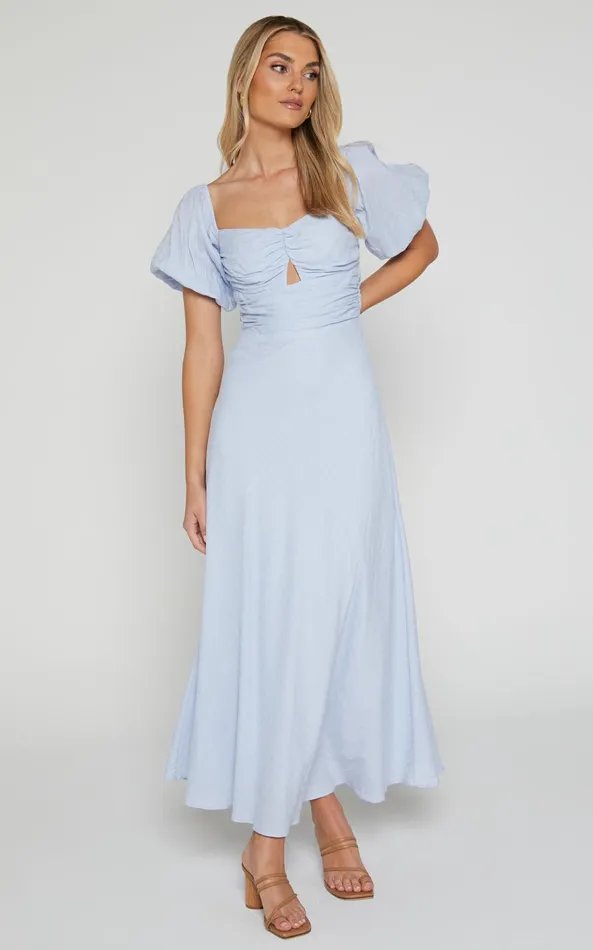Showpo Vynna Midi Dress 8211 Scoop Neck Puff Sleeve Ruched Bust A Line Dress In Blue Women Dresses