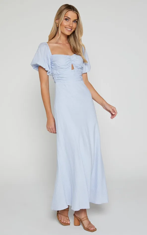 Showpo Vynna Midi Dress 8211 Scoop Neck Puff Sleeve Ruched Bust A Line Dress In Blue Women Dresses