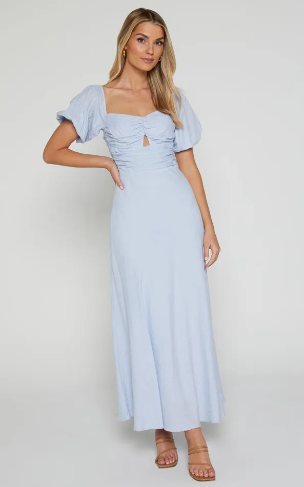 Showpo Vynna Midi Dress 8211 Scoop Neck Puff Sleeve Ruched Bust A Line Dress In Blue Women Dresses