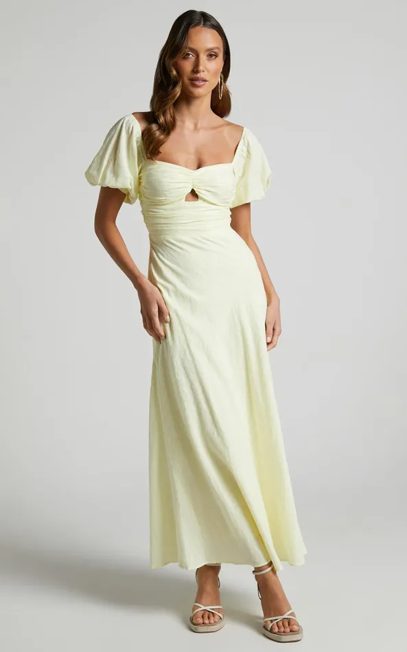 Showpo Vynna Midi Dress 8211 Scoop Neck Puff Sleeve Ruched Bust A Line Dress In Butter Yellow Women Curve Clothes Showpo Vynna Midi Dress 8211 Scoop Neck Puff Sleeve Ruched Bust A Line Dress In Butter Yellow Women Curve Clothes