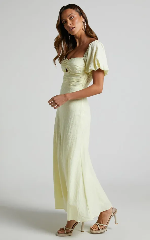 Showpo Vynna Midi Dress 8211 Scoop Neck Puff Sleeve Ruched Bust A Line Dress In Butter Yellow Women Curve Clothes Showpo Vynna Midi Dress 8211 Scoop Neck Puff Sleeve Ruched Bust A Line Dress In Butter Yellow Women Curve Clothes