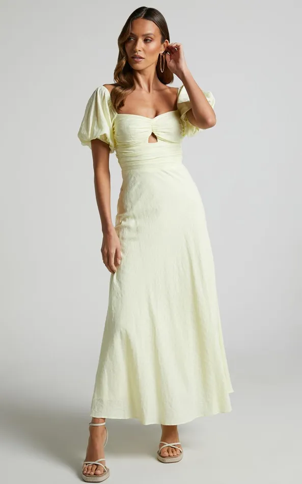 Showpo Vynna Midi Dress 8211 Scoop Neck Puff Sleeve Ruched Bust A Line Dress In Butter Yellow Women Curve Clothes Showpo Vynna Midi Dress 8211 Scoop Neck Puff Sleeve Ruched Bust A Line Dress In Butter Yellow Women Curve Clothes