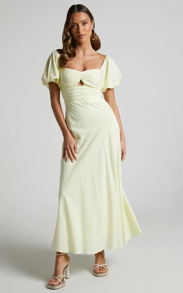 Showpo Vynna Midi Dress 8211 Scoop Neck Puff Sleeve Ruched Bust A Line Dress In Butter Yellow Women Curve Clothes Showpo Vynna Midi Dress 8211 Scoop Neck Puff Sleeve Ruched Bust A Line Dress In Butter Yellow Women Curve Clothes