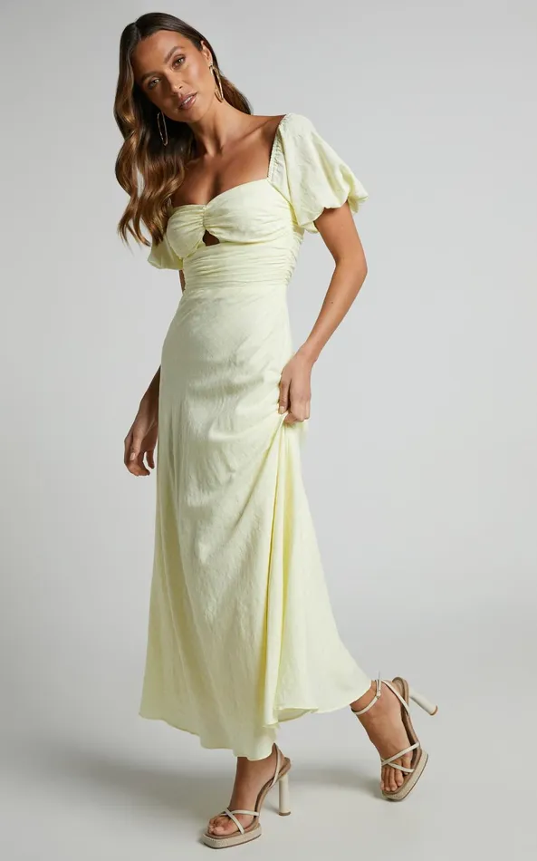 Showpo Vynna Midi Dress 8211 Scoop Neck Puff Sleeve Ruched Bust A Line Dress In Butter Yellow Women Curve Clothes Showpo Vynna Midi Dress 8211 Scoop Neck Puff Sleeve Ruched Bust A Line Dress In Butter Yellow Women Curve Clothes