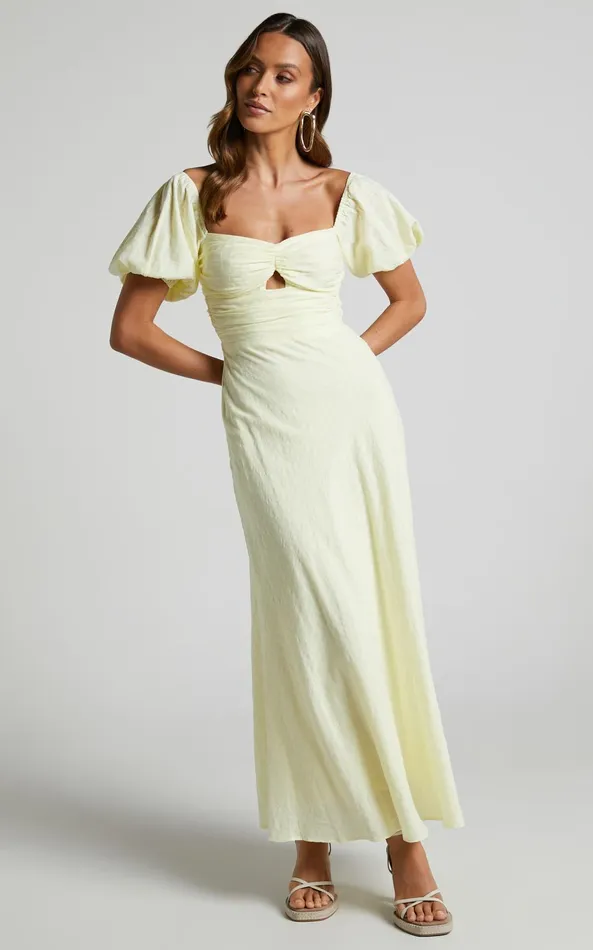Showpo Vynna Midi Dress 8211 Scoop Neck Puff Sleeve Ruched Bust A Line Dress In Butter Yellow Women Curve Clothes Showpo Vynna Midi Dress 8211 Scoop Neck Puff Sleeve Ruched Bust A Line Dress In Butter Yellow Women Curve Clothes