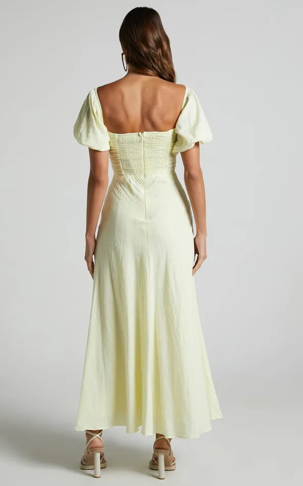Showpo Vynna Midi Dress 8211 Scoop Neck Puff Sleeve Ruched Bust A Line Dress In Butter Yellow Women Curve Clothes Showpo Vynna Midi Dress 8211 Scoop Neck Puff Sleeve Ruched Bust A Line Dress In Butter Yellow Women Curve Clothes