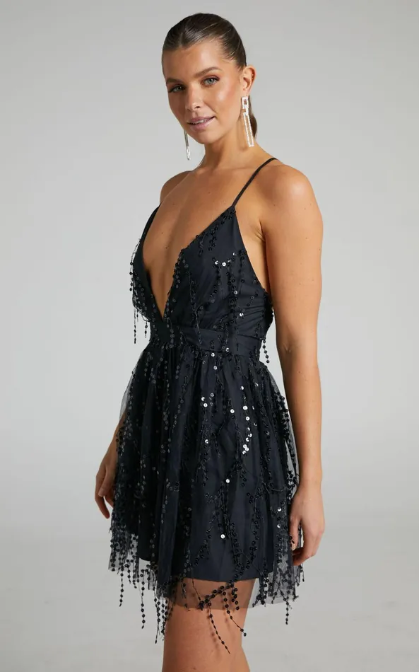 Showpo Watch The Queen Conquer Mini Dress 8211 Tulle Plunge Dress In Black Sequin Women Dresses