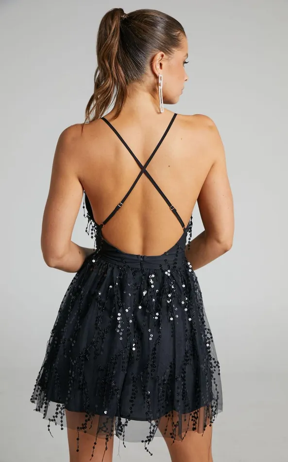 Showpo Watch The Queen Conquer Mini Dress 8211 Tulle Plunge Dress In Black Sequin Women Dresses