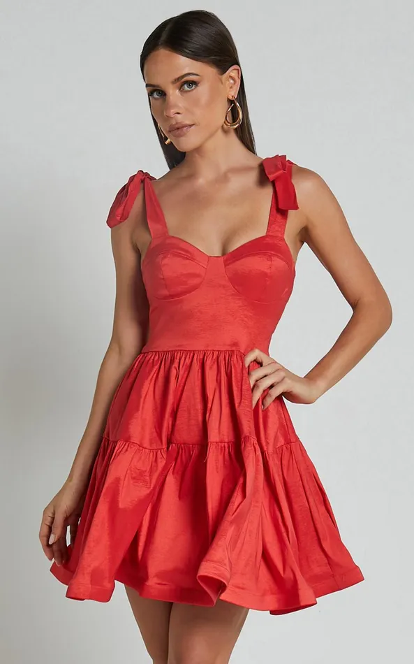 Showpo Wednesday Mini Dress 8211 Tie Shoulder Bustier Tiered Dress In Red Women Dresses