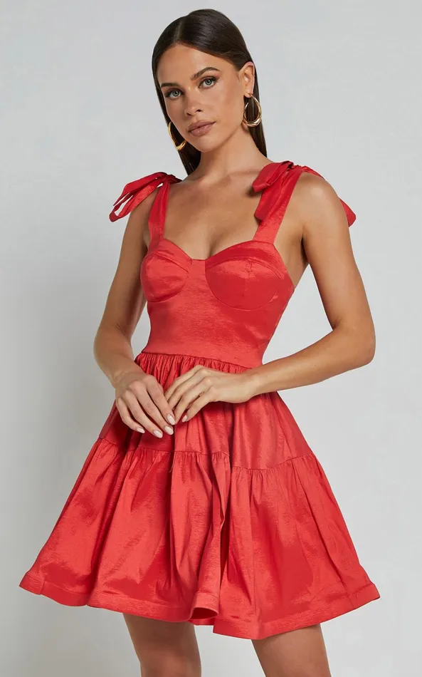 Showpo Wednesday Mini Dress 8211 Tie Shoulder Bustier Tiered Dress In Red Women Dresses