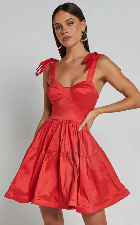 Showpo Wednesday Mini Dress 8211 Tie Shoulder Bustier Tiered Dress In Red Women Dresses