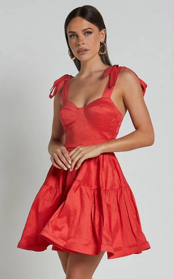 Showpo Wednesday Mini Dress 8211 Tie Shoulder Bustier Tiered Dress In Red Women Dresses
